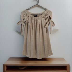 Lulus Al‎ Fresco Evenings Beige Off-the-Shoulder mini Dress size Small